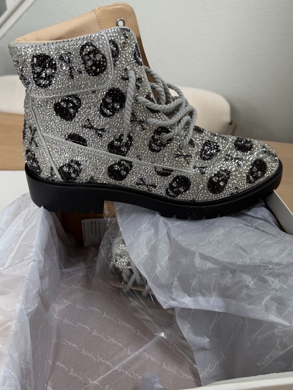 Betsey Johnson Silver Crystal Skull Lace-Up Platform Boot